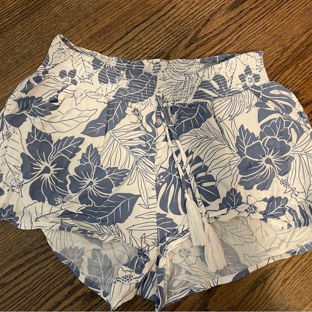 Ocean Drive Blue and White Athletic Shorts with Tropical Print